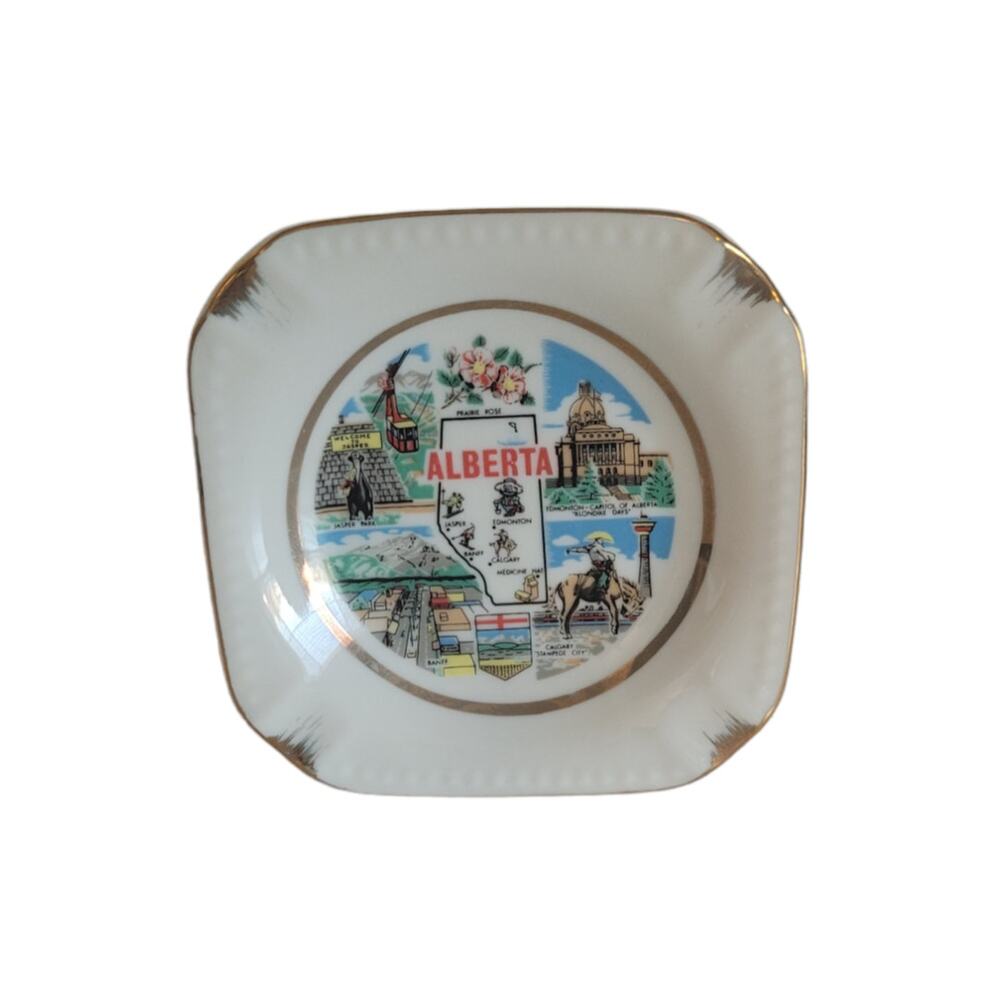 Alberta Ceramic Souvenir Plate Cigarette Ashtray Gold Trim